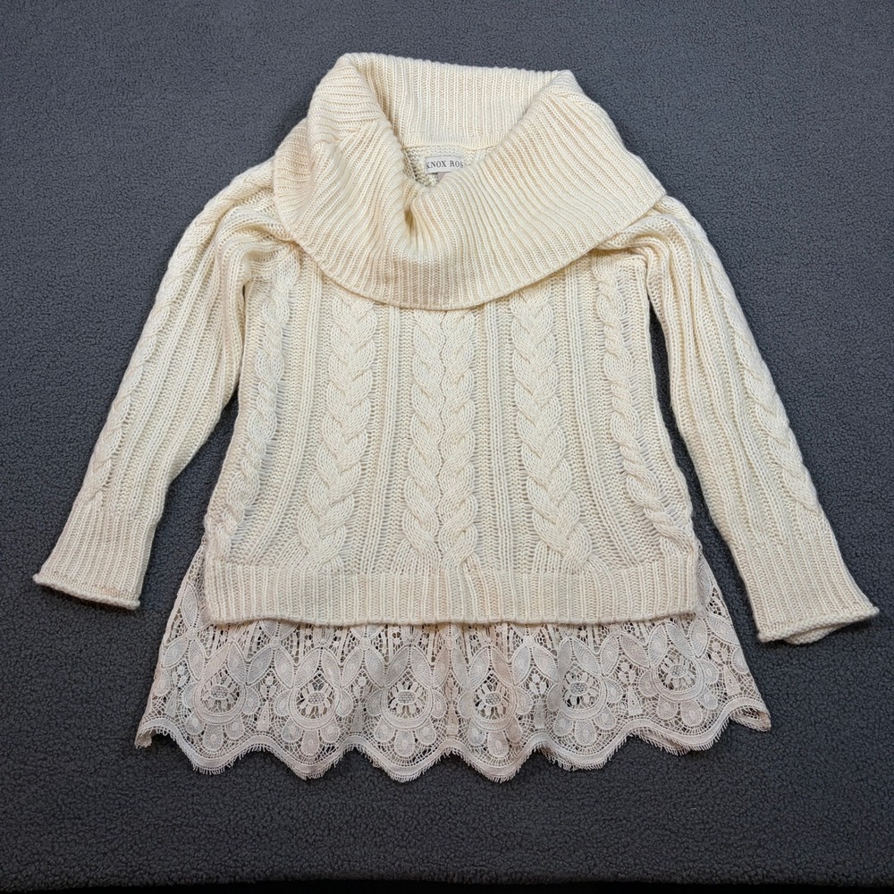 Knox Rose Sweater Womens L Cream Cowl Neck Cable Knit Lace Trim Boho Pullover
